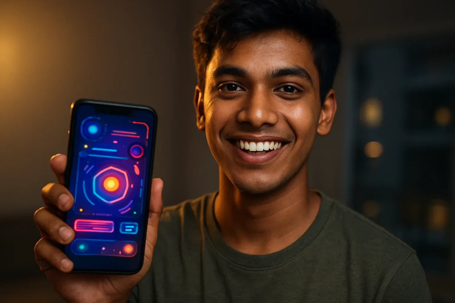 Young Bangladeshi man smiling at camera holding smartphone with colorful gaming app