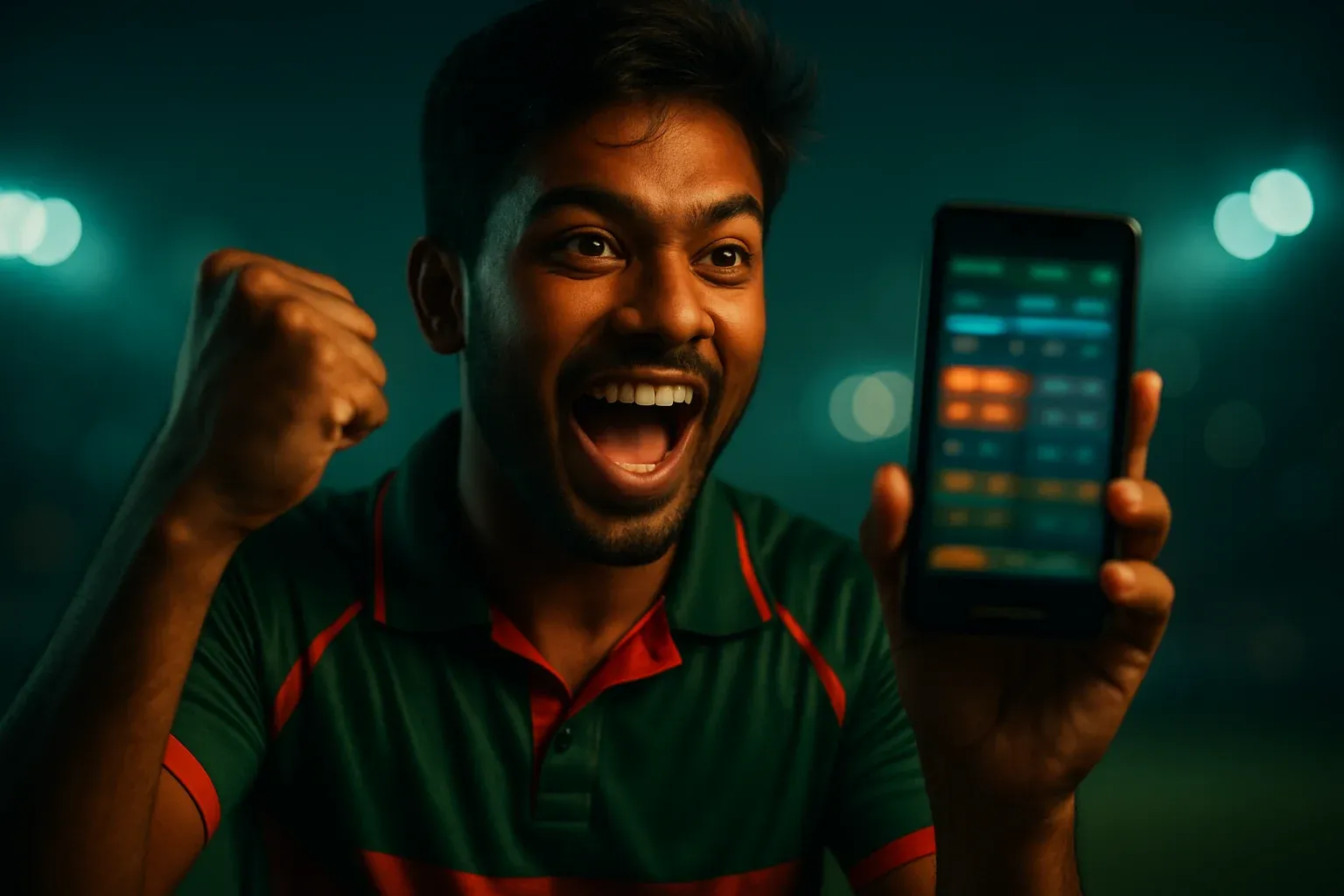 Excited young Bangladeshi man holding smartphone with sports betting interface