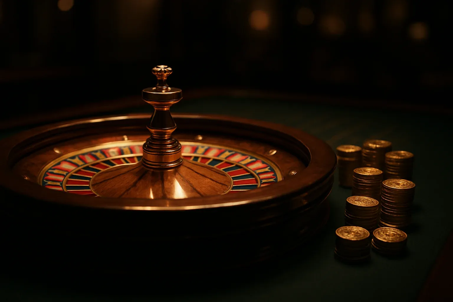 Hyperrealistic live casino table with glowing roulette wheel and golden chips