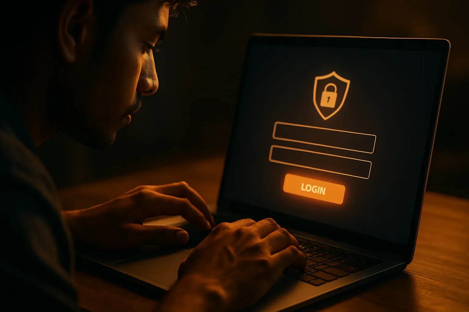 Young Bangladeshi man's hands on laptop showing stylized login form