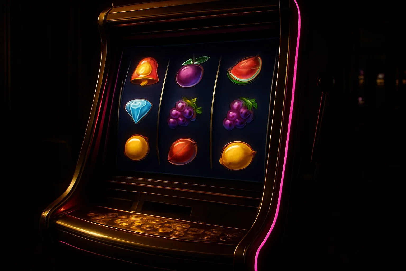 Hyperrealistic premium slot machine with three vertical reels in luxury casino